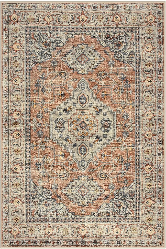 Lahome Oriental Door Mat Indoor Entrance, 2x3 Washable Indoor Rugs for Entryway Soft Small Kitchen Rugs Non Slip Ultra-Thin, Vintage Door Mat Carpet for Bedroom Bathroom, Peach/Orange