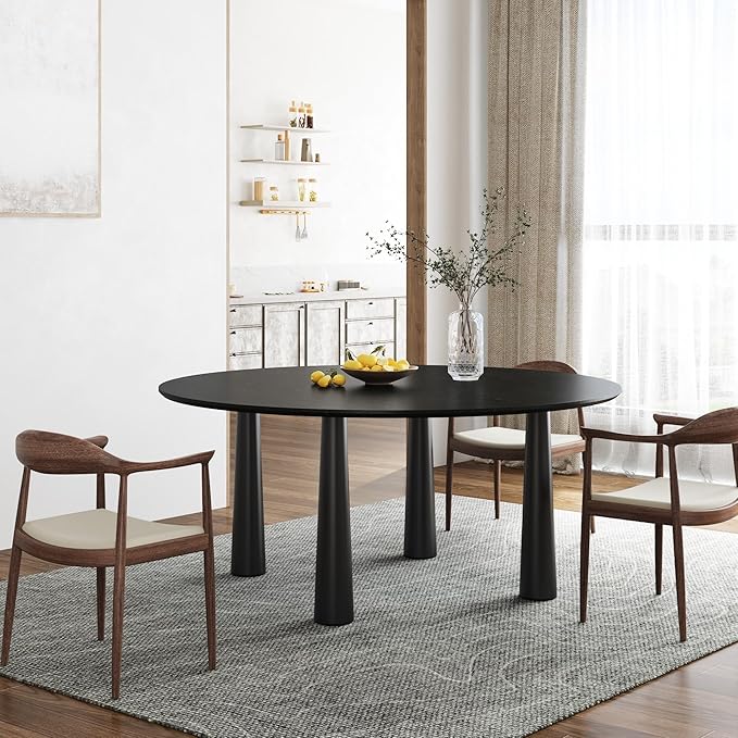 Casaphoria 59" Round Dining Table, Kitchen Table for 6 with Arc-Shaped Edge Top and Cylindrical Legs, Easy Assembly for Living Room, Dining Room, Black