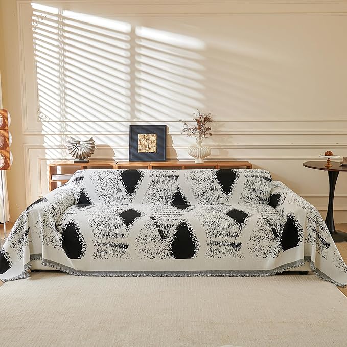 MYSKY HOME Boho Couch Cover for Dogs Washable Black Rhombic Couch Sofa Protector for Loveseat Sofa with Pets Friendly Chenille Geometric Sofa Covers Soft Durable Farmhouse Sofa Slipcovers, 71" X102"