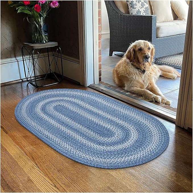 Denim Blue Jute Braided Oval Rugs, 16x24 - Country Style Coastal Decor, Perfect for Laundry Rooms, Bathrooms and Entryways - Durable and Easy to Clean