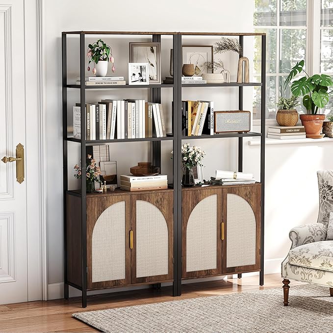 Bookshelf with Rattan Doors, 71" Tall Bookcase with Light and Adjustable Shelf, 5 Tier Book Shelf Storage Organizer for Bedroom, Living Room and Home Office