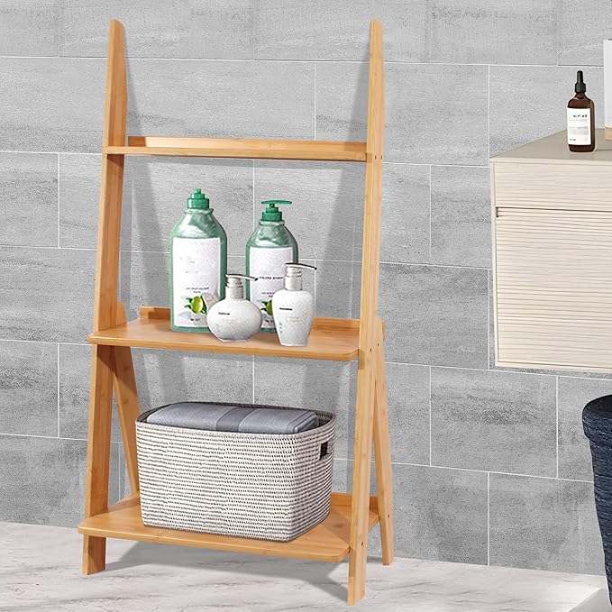 DOUSY-3-Tier Ladder Shelf, Bamboo Ladder Bookshelf Leaning Bookcase Trapezoid Bookshelf Storage Rack Shelf for Living Room, Kitchen, Bathroom, Home Office, Natural Color