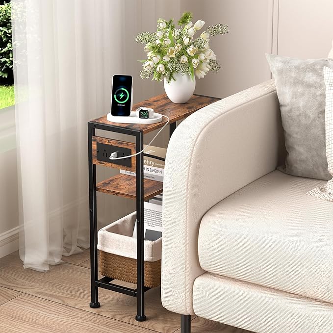 Small Narrow Side Table with Charging Station, Skinny End Table for Small Spaces, Slim Nightstand with Outlets, Sofa Bedside Table in Living Room, Bedroom, Study, Kitchen and Balcony (Rustic Brown)