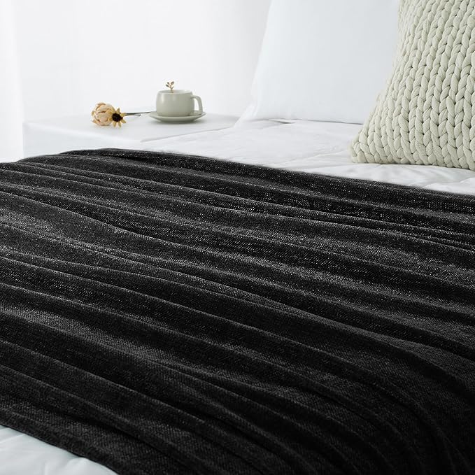 Chenille Throw Blanket for Couch 60"X 80" Twin, Soft Cozy Throws with Fringe Tassel for Bed Sofa Chair Cover, Lightweight Knitted Decorative Boho Blankets for Living Room, Black
