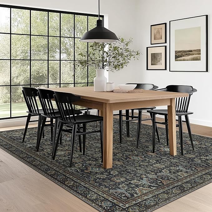 10X14 Area Rugs Machine Washable Rugs for Living Room, Vintage Boho Large Rugs for Bedroom Dining Room, Non Slip Indoor Soft Distressed Lightweight Thin Low Pile Carpet, Black
