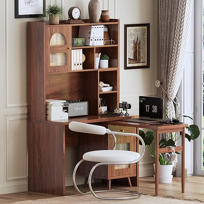 Merax Computer Desk with 90 Degree Rotating Desktop, L Shaped Office Desk with Storage Drawer and Cabinets, Writing Desk with Shelves for Study, Work Desk for Office Bedroom Living Room, Walnut