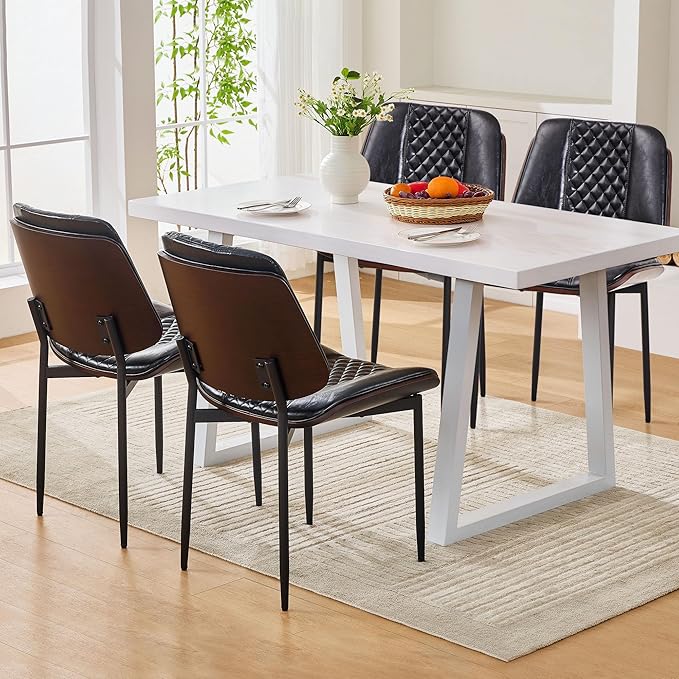 Dining Chairs Set of 2, Upholstered PU Leather Armless Chair, Mid Century Modern Dining Room Chairs, Retro Walnut Bentwood Kitchen Chair with Metal Legs and Adjustable Feet, Black