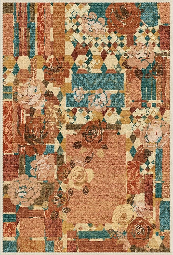 GENIMO Area Rug 2x3 Doormat, Machine Washable Low Pile Rugs, Small Floral Patchwork Retro Chenille Entryway Mat for Entrance, Hallway, Kitchen and Corridor, Rose Red