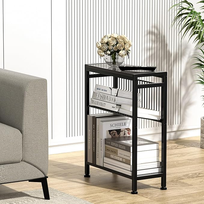 End Table Set of 2 for Small Space, 3-Tier Narrow Side Table with Magazine Holder,Slim Nightstand, Skinny Snack Couch Table in Living Room, Bedroom Study and Balcony (Grey)