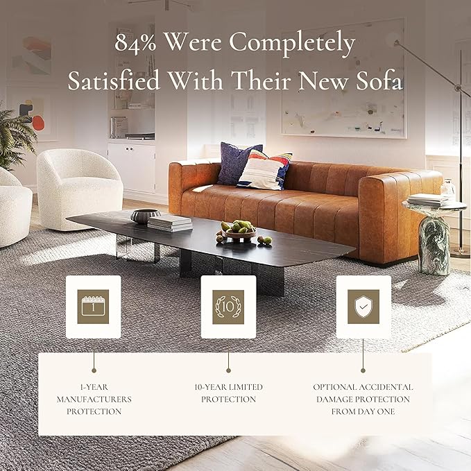 Poly & Bark Canale Leather Couch - 86 Inch Sofa - Full-Grain Channel Tufted Leather Sofa for Living Room - Living Room Couch - Pure Aniline Vintage Italian Leather in Cognac Tan
