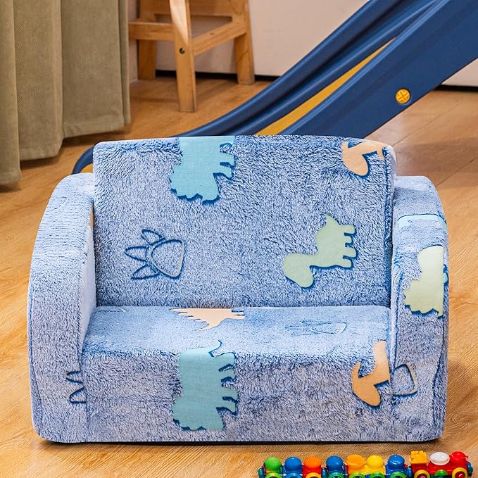 Lamerge 2-in-1 Soft Toddler Couch Fold Out,Foldable Toddler Chair, Glow in The Dark Kids Sofa for playroom,Convertible Foam and Floor Cushion for Boys and Girls (Blue and Dinosaur)