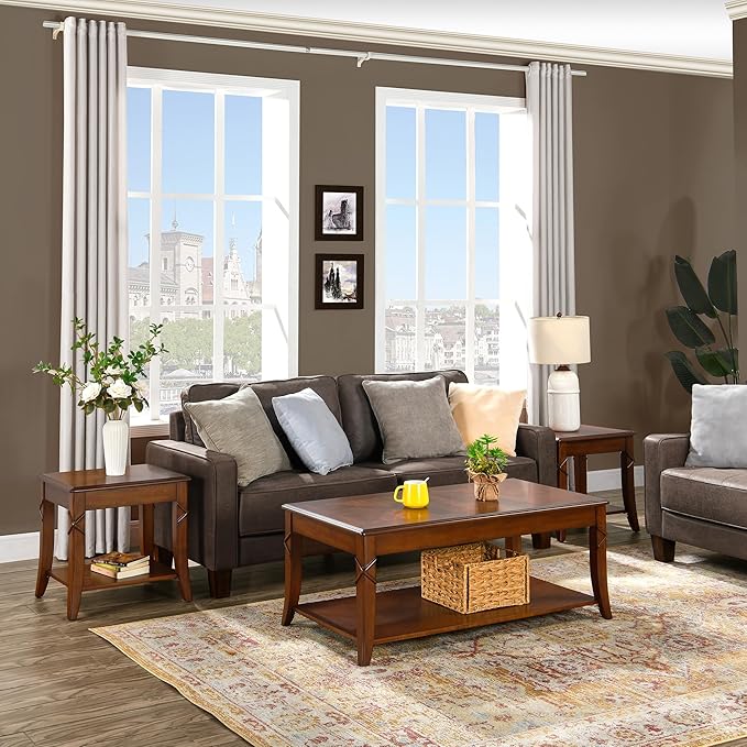 Mid-Century Modern Coffee Table Set of 3, 3-Piece Solid Wood Living Room Table Set, Coffee Table with 2 Square End Side Tables, Cherry Walnut Home Furniture for Apartment KFZ-DR200-3