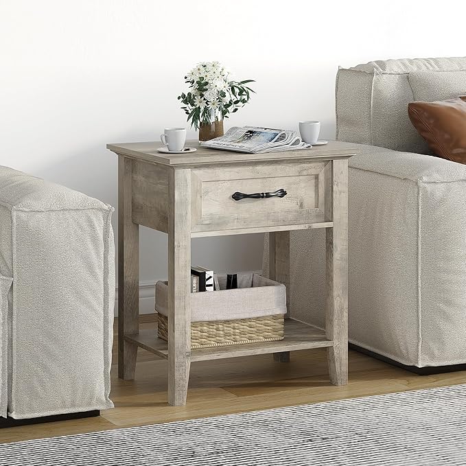 IDEALHOUSE Grey Nightstands Set of 2, End Table with Drawer, Side Table for Spaces, 2 Tiers Storage Shelves with Dresser, Bedside Table for Living Room, Bedroom, Dorm (2pcs-Grey)