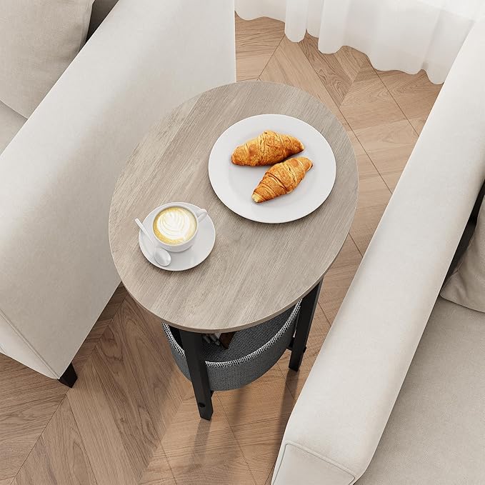 Vagusicc Round Side Table End Table with Storage Basket, Small Side Table Round Nightstand for Small Spaces, Tall Oval End Table with Steel Frame, Coffee Bedside Table for Living Room Bedroom, Greige