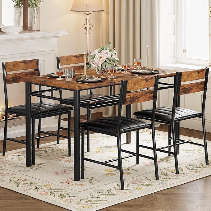 IRONCK Dining Table Set for 4, Wood Kitchen Table with Upholstered Chairs for Kitchen Room and Small Spaces, Rustic Brown