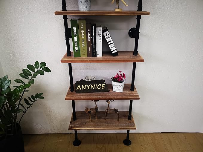5 Tier Industrial Ladder Bookshelf, Wall Mounted Wood Metal Rustic Pipe Shelves (Weathered Brown, 5 Tier - 10" D x 24" W x 70" H)