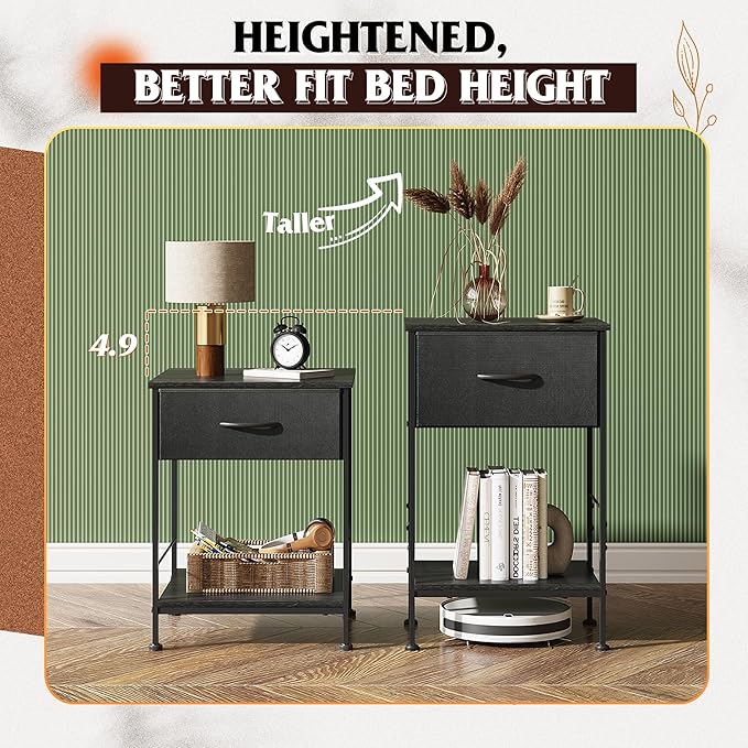 WLIVE Black Nightstand, Bedside Table with Fabric Storage Drawer, Open Wood Shelf, Night Stand for Bedroom Furniture, End Table for Dorm, Entryway, 25.03" Height