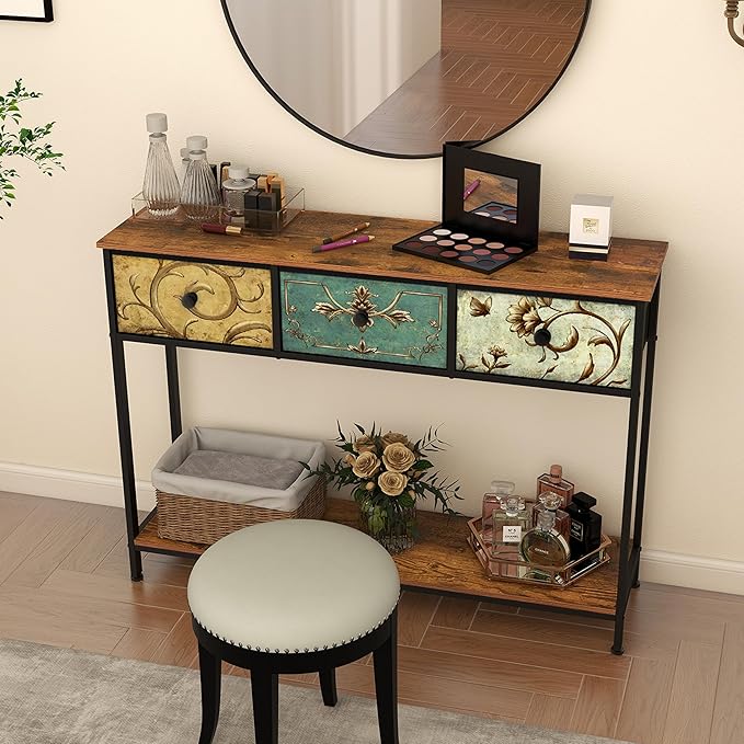 Tohomeor Entryway Console Table with 3 Retro Flowers Fabric Drawers Boho Narrow Long Behind Couch Sofa Table with Bottom Open Storage Shelf for Hallway Living Room Foyer (Rustic Brown, 3 Drawers)