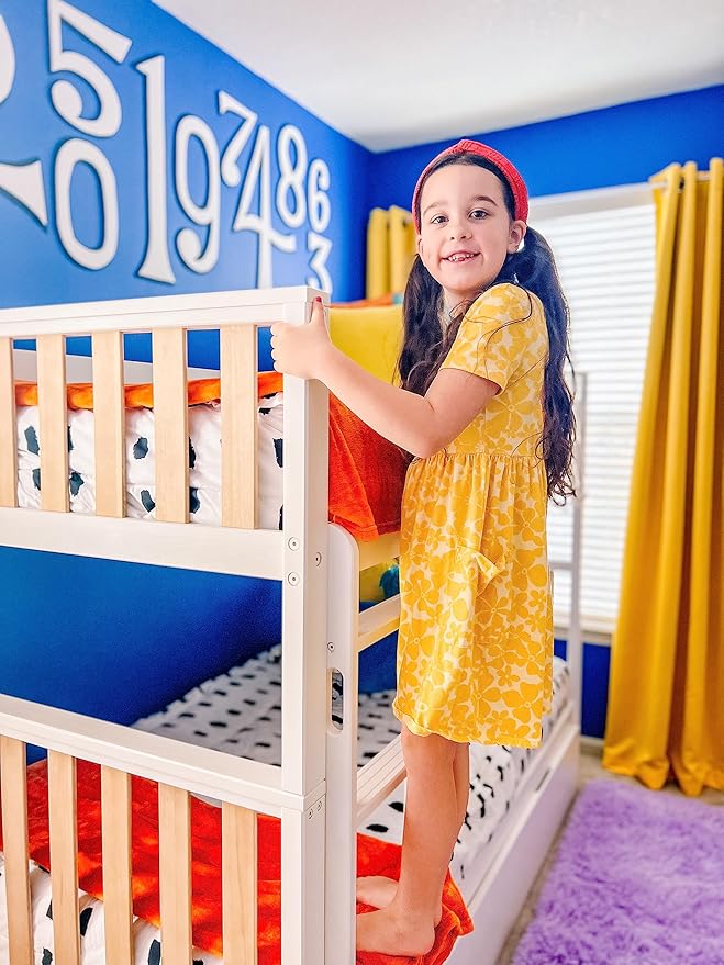 Max & Lily Bunk Bed, Scandinavian Modern Bunk Bed, Solid Wood Twin-Over-Twin Bed Frame for Kids, No Box Spring Needed, Blonde/White