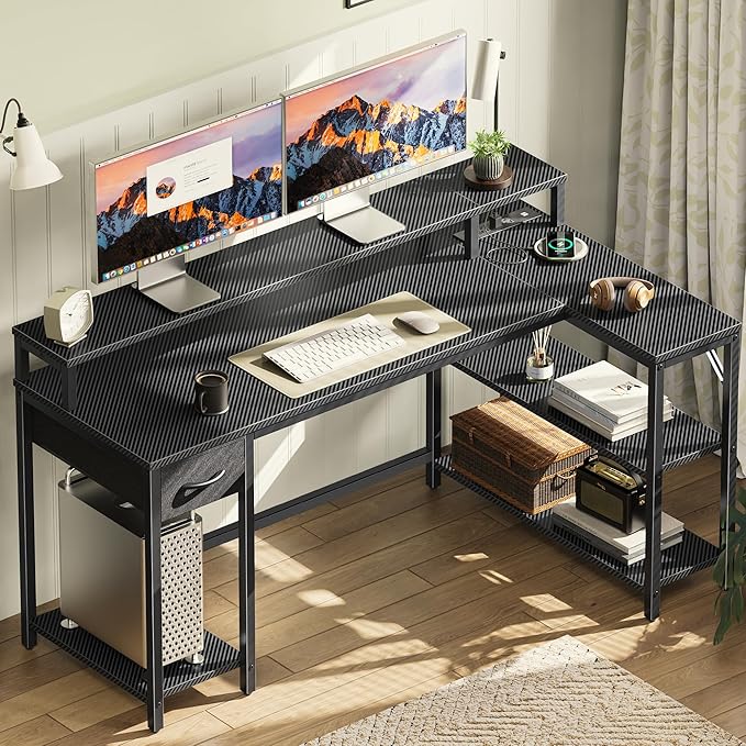 SUPERJARE 53 inch Reversible L Shaped Desk with LED Lights & Power Outlets, Computer Desk with Shelves & Monitor Stand, Gaming Desk with Drawer, Home Office Desk Corner Desk, Carbon Fiber Black