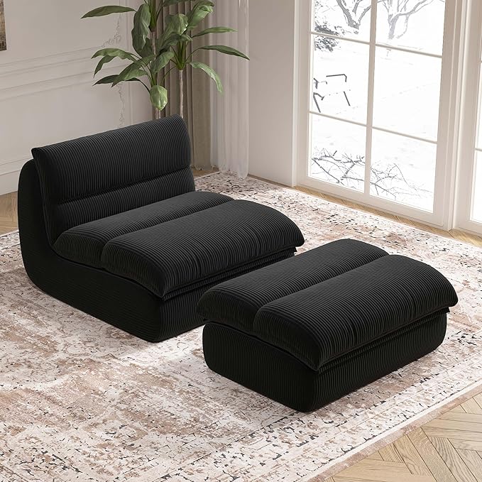 Bean Bag Chair with Ottoman, Cozy Comfy Reading Nook Chairs, Ultra Soft Corduroy Fabric Bean Bag Chairs for Adults, Reading Chair with Ottoman for Living Room, Bedroom Apartment (Black)