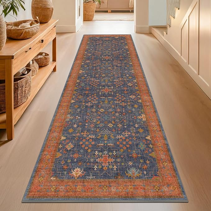 Washable 8 ft Long Runner for Kitchen Floor - Navy Blue Hallway Runner Rug, Pet Friendly Waterproof Non Slip with Rubber Backing, Stain Resistant Laundry Room Rug (2'6"x8' Navy Blue & Terracotta)