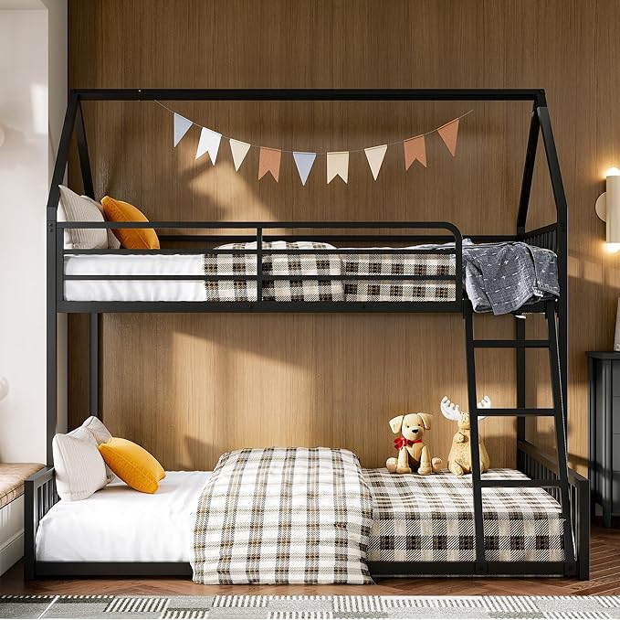 LIKIMIO Bunk Bed Twin Over Full Size, House Bunk Bed Frame with Ladder and Guardrail, House Shaped with Metal Slats Support No Box Spring Needed Space Saving for Bedroom and Dorm, Black