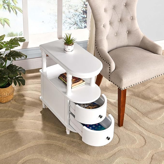 2 Set of Wood End Table with 2 Drawers and Storage Shelf, Narrow Sofa Side Table for Living Room, Vintage Slim Nightstand Bedside Table for Bedroom, Slim Chair Side Table White BGA508WT