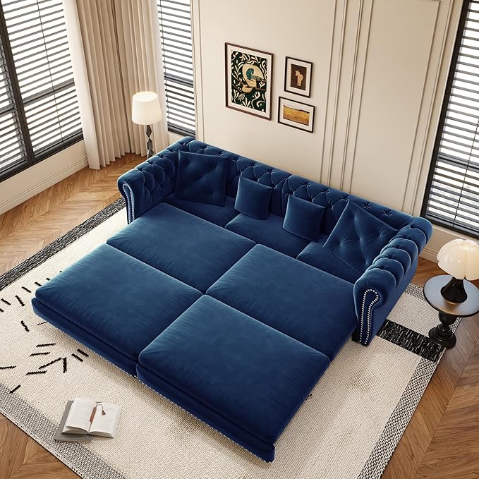 KEIKI King Size Convertible Chesterfield Sofa Bed, 89" Velvet Couch with Ottoman, Tufted Design, 3-in-1 Sleeper Sofa for Living Room, Bedroom, or Office, Blue