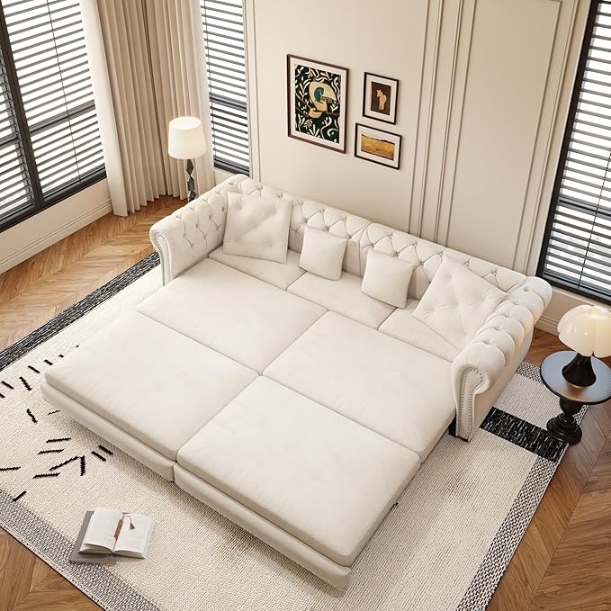 KEIKI 3-in-1 Velvet Chesterfield Sofa Bed with Ottoman, Convertible King Size Sleeper Couch, Rolled Arm Design, Comfortable 3-Seater for Living Room or Bedroom, Beige