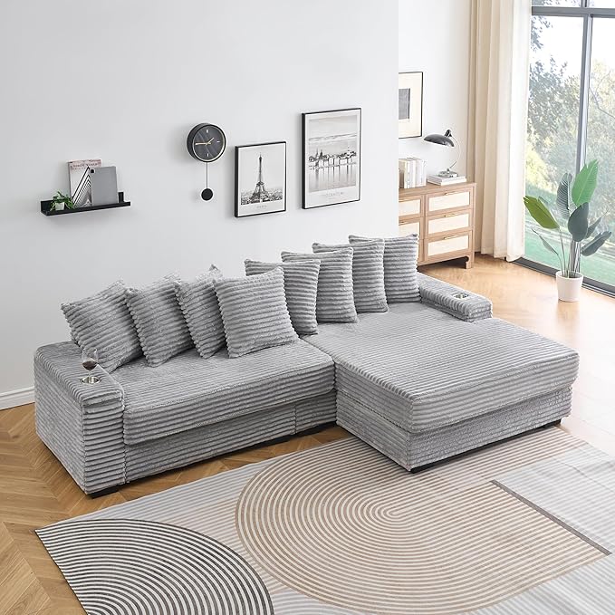 KEIKI 114" Corduroy Sofa with Cup Holders & Storage, L Shaped Sleeper Cloud Couch Set w/Reversible Chaise Lounge, Living Room Oversized Upholstered SofaBed for Apartment, Easy Assembly, Gray