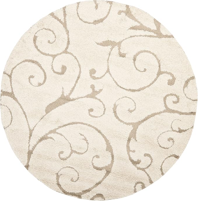 SAFAVIEH Florida Shag Collection Area Rug - 4' Round, Cream & Beige, Scroll Design, Non-Shedding & Easy Care, 1.2-inch Thick Ideal for High Traffic Areas in Living Room, Bedroom (SG455-1113)