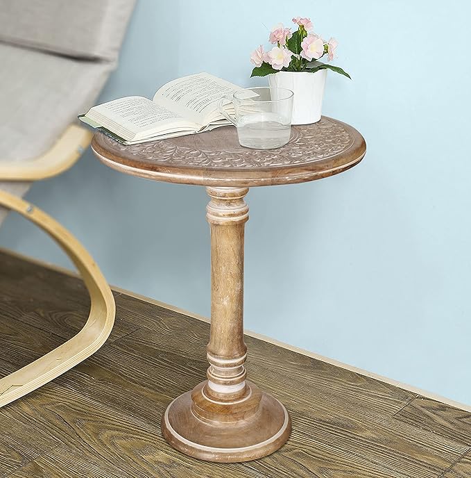 Lightnpro Handcrafted Wooden Single Pillar Table - Small Accent Side End Table, Bedside Nightstand, Entryway, Living Room - Vintage Desk for Books, Plants & Décor - 18x22 Inch, Distressed White