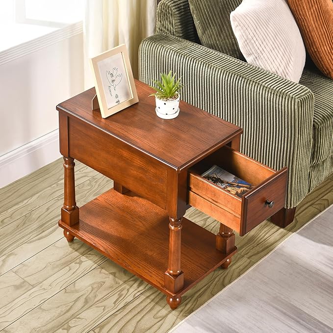 Narrow End Table with Drawer and Open Storage Shelf, Solid Wood Sofa Side Table for Living Room, Beside Table,Telephone Table for Small Spaces, No-Tools Assembly Caramel Brown BBJ004DR