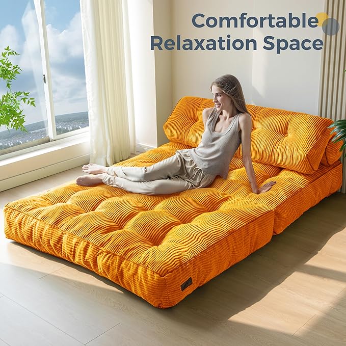 MAXYOYO Folding Sofa Bed, Convertible Sleeper Chair with Pillow Foldable Matress with Back Support, Portable Fold Out Chair Bed Comfy Floor Sofa Lounge for Living Room Bedroom, Orange Double