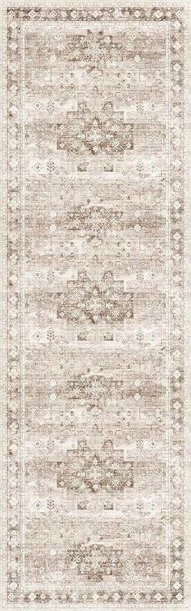 Beige Washable 2'6"x8' Wide Hallway Runners, Kitchen Runner Rug, Non-Slip & Stain Resistant Long Floor Rug, Neutral Boho Floral Decor (2'6"x8' Beige/Latte)