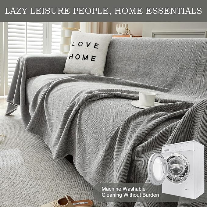STACYPIK Chenille Sofa Cover for Dogs, Washable Dark Gray Couch Cover for Pets, Non Slip Couch Covers for L Shape, Furniture Protector for 3 Cushion Couch with Tassels,Sofa Throw Blankets-71X134IN