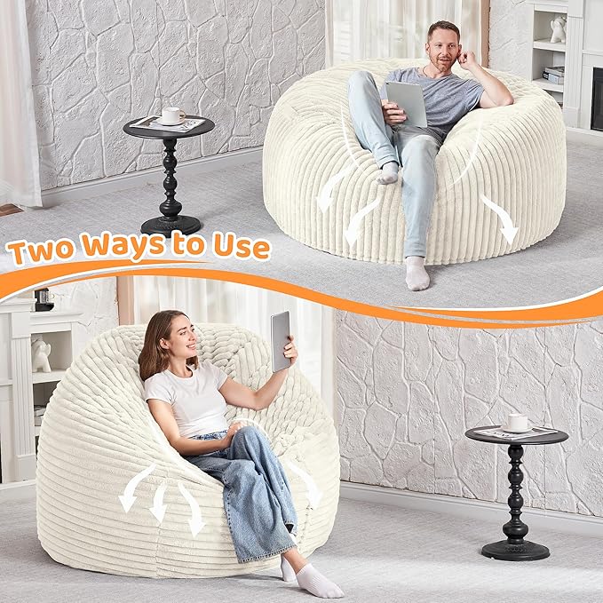 HABUTWAY 3FT Bean Bag Chair, 3' Large Bean Bag Chairs for Adults with Removable Stripe Plush Cover, Memory Foam Beanbag Chair for Living Room Bedroom Dorm (White)