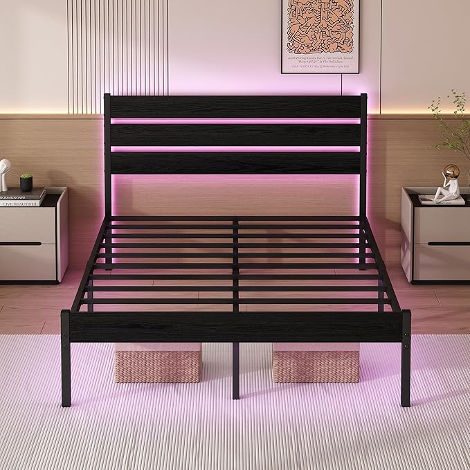 Full Size Bed Frame with Headboard,Heavy Duty LED Bed Frame with USB Charging Station,Mattress Foundation-Under Bed Storage, No Box Spring Needed, Noise Free,Black
