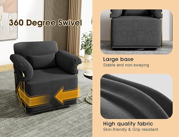 KEIKI Modern Comfy Swivel Accent Reading Chair with Waist Pillows, 360°Square Upholstered Barrel Armchair Single Club Lounge Sofa Chairs for Living Room,Bedroom,Office,Black