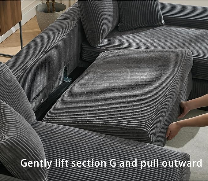 Symmetrical U Shaped Sectional Sofa Convertible Pull Out Sleeper Sofabed with Double Chaise Daybed , Corduroy Upholstered U Shaped Lounge Sofa Couch Bed w/ Throw Pillows for Living Room Apartment