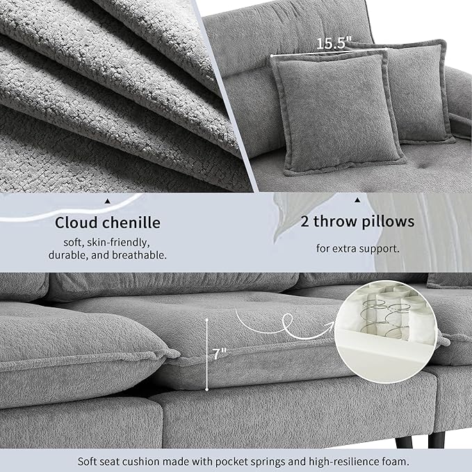 106" L Shaped Convertible Sectional Sofa,4 Seat Tufted Cloud Couch Set W/Movable Ottoman for Living Room, Apartment,Office,Chenille Fabric,Grey