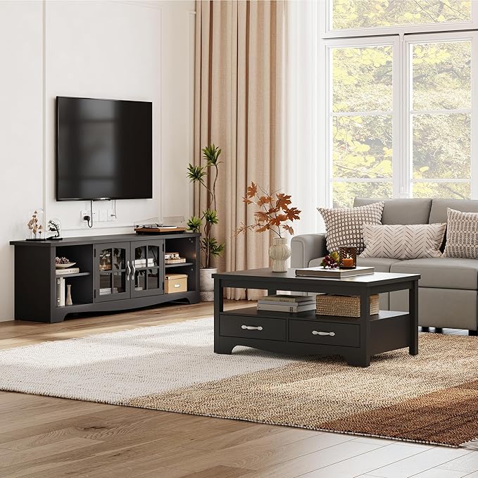 LINSY HOME TV Stand for 75 Inch TV, Modern Farmhouse Entertainment Center with Storage Cabinets and Glass Doors, Tall Media Console Table for Living Room, Bedroom, Large Long Television Stand, Black