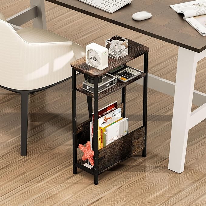 7.1" Narrow Side Table for Small Spaces, 3 Tier Small End Table with Magazine Holder, Slim/Skinny Nightstand/Bedside Table for Living Room, Bedroom, 15.4" L x 24.2" H
