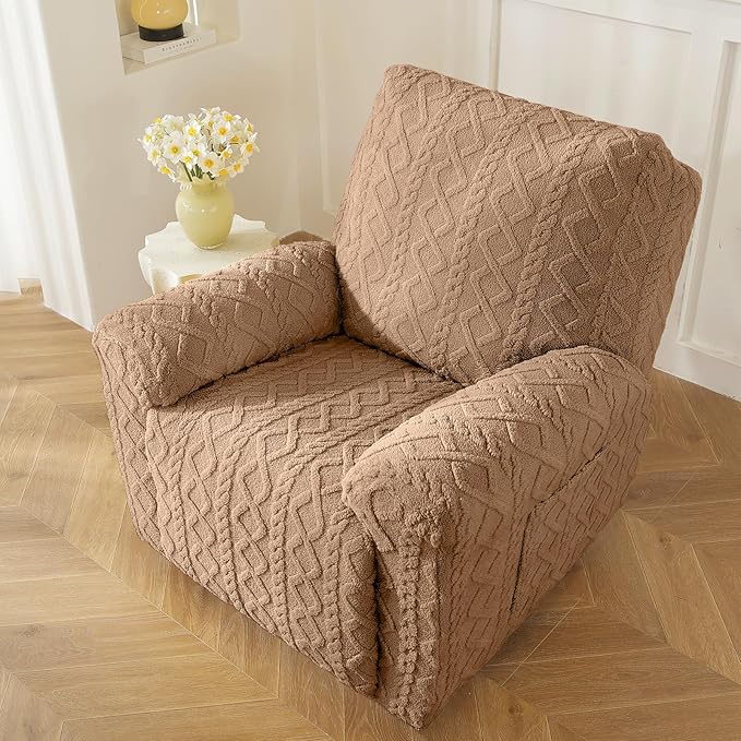 vctops 4 Pieces Geometric Jacquard Plush Recliner Slipcovers Soft Fuzzy Fluffy Sofa Couch Cover Anti-Slip Furniture Protector with Elastic Bottom for Kids Cats Dogs(Brown,1 Seat)