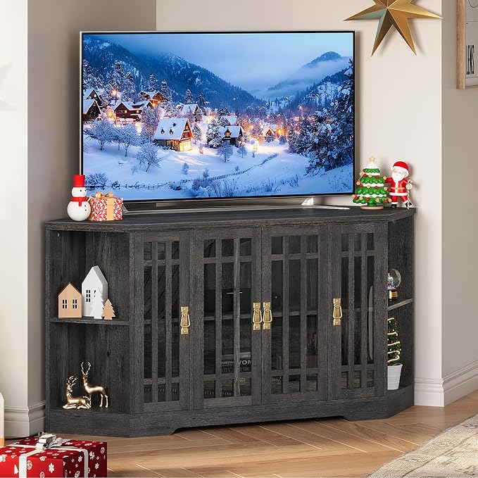 IRONCK Corner TV Stand for TVs up to 60 Inch with Power Outlet, Corner Entertainment Center with Storage Cabinet and Glass Doors, Mid Century Modern TV Stand for Living Room, Bedroom, Charcoal Grey