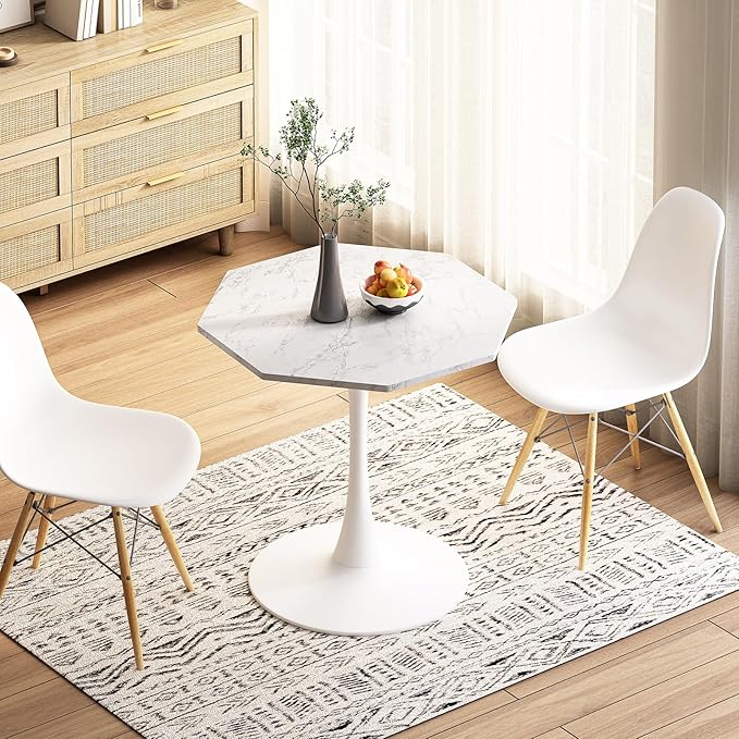 31.5 in Hexagonal Pedestal Dining Table for 2, Small Tulip Bistro Table with Metal Base, Space Saving Breakfast Nook Furniture for Home Cafe Apartment, Marble White