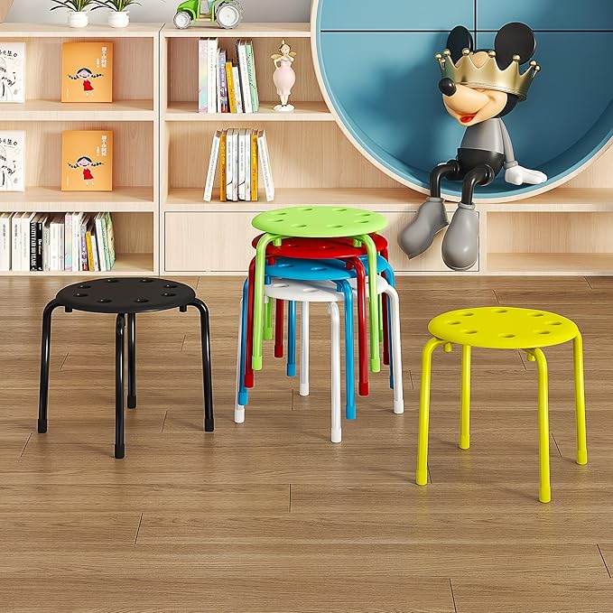 VECELO Stackable Stools for Classroom, 12" Height Plastic Portable Stacking Stool Chairs with Non-Slip Foot Mats for School Daycare Kindergarten Living Room (8 Pack)