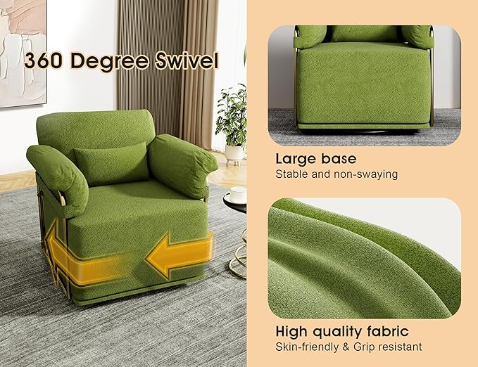 KEIKI Modern Comfy Swivel Accent Reading Chair with Waist Pillows, 360°Square Upholstered Barrel Armchair Single Club Lounge Sofa Chairs for Living Room,Bedroom,Office,Green