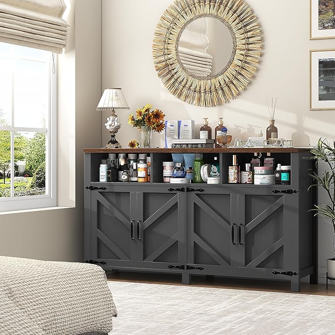 Buffet Sideboard with Storage Farmhouse with 4 Doors, 55'' Large Kitchen Storage Cabinet Wood Coffee Bar Cabinet Buffet Table with Shelves for Kitchen, Dining Room, Entryway (Black, 55 in)